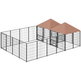 Large Outdoor Dog Kennel with 2 Rooms, Rotating & Adjustable Height Bowls, 13.5' x 9.4' x 5.1'