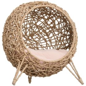 20.5" Weaved Cat Bed, Elevated Hand-woven Braided Banana Leaf Kitten House Condo with Cushion, Beige (Option: Beige-540x460x590 mm)